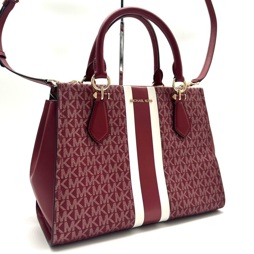 Michael Kors Marilyn Medium Signature Logo Stripe Satchel Bag Cherry - Picture 3 of 10